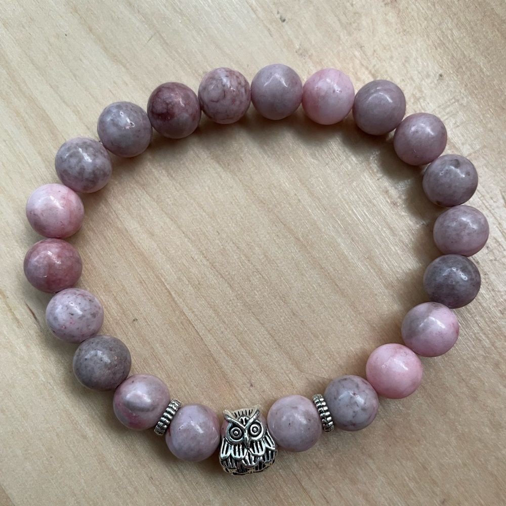 Lucky Owl Pink & Gray Beaded Bracelet